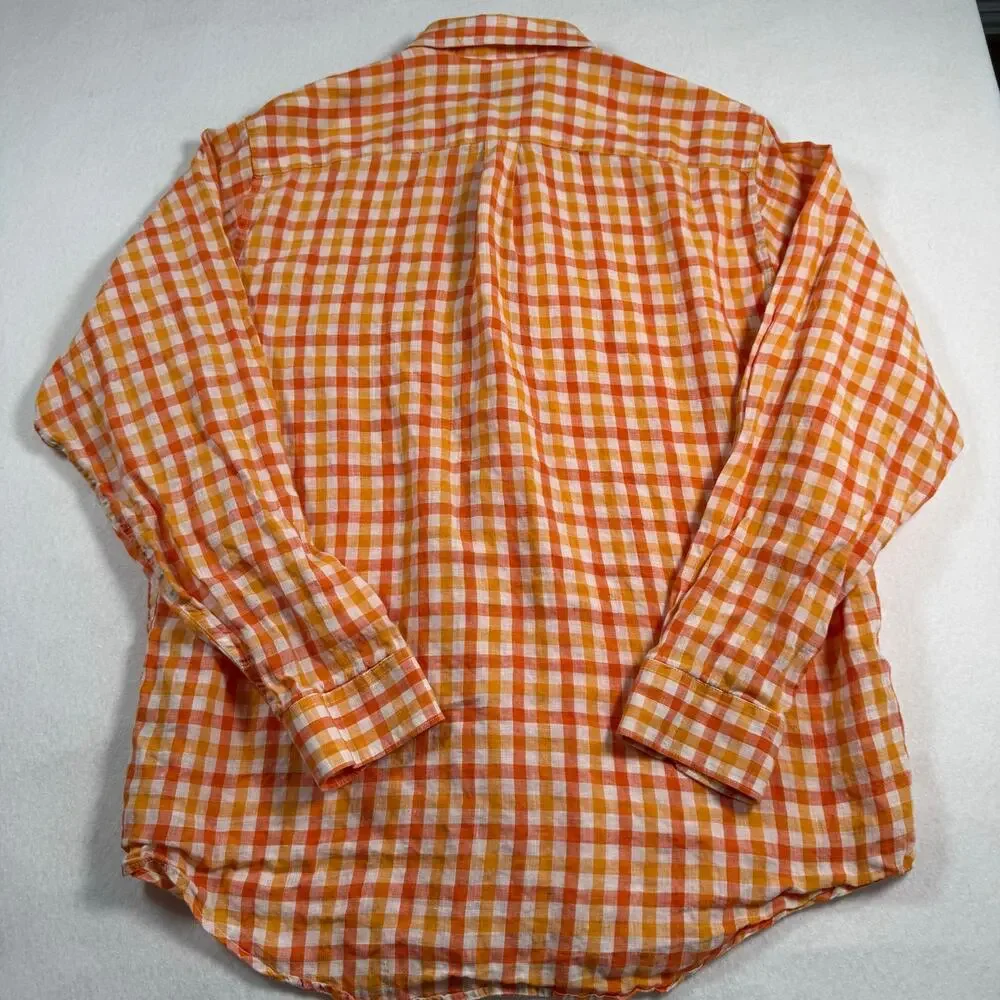 Banana republic linen orange gingham button up shirt Mens size large